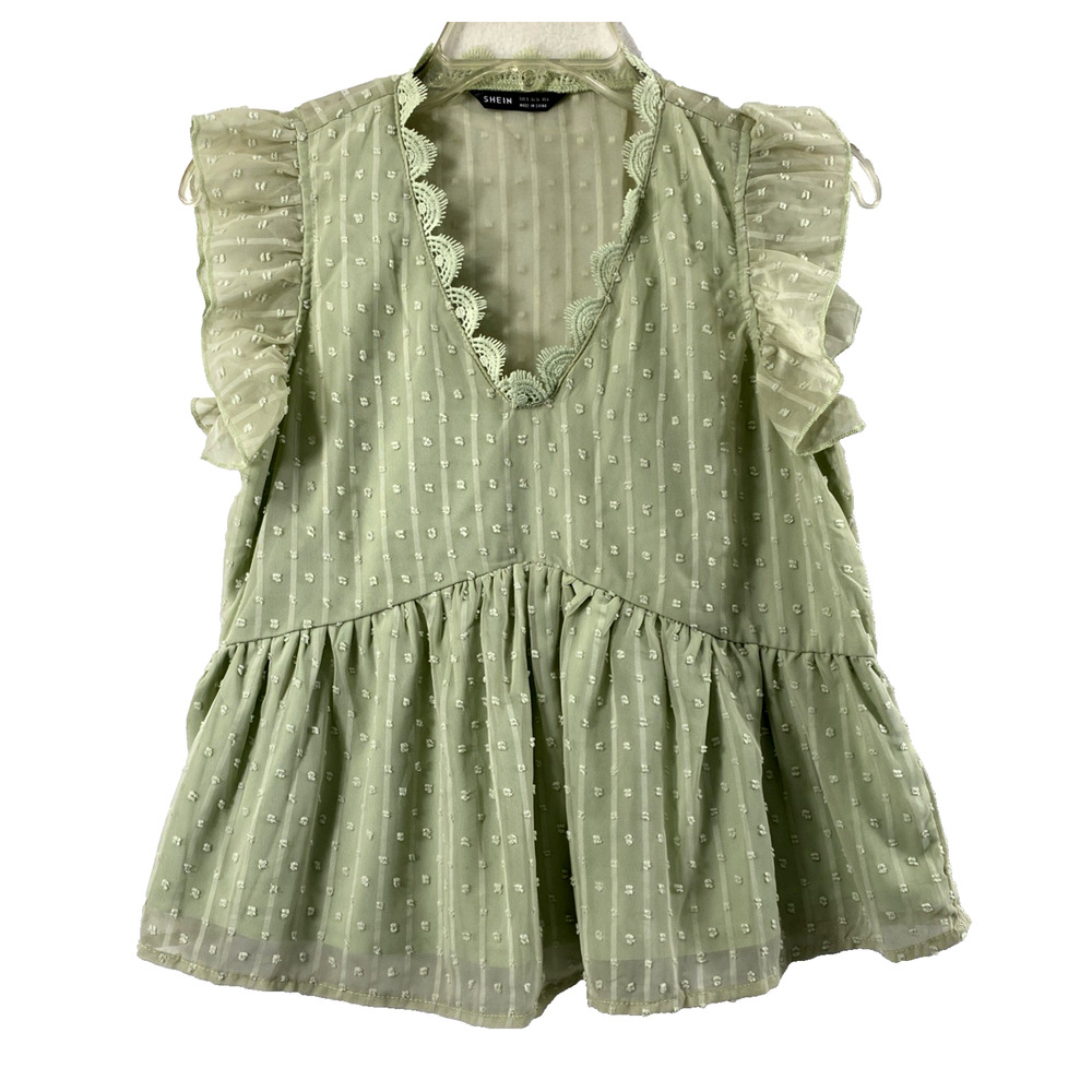 Womens Babydoll Top Sz Small Green Swiss Dot Blouse Lined Front Sheer Back Fairy
